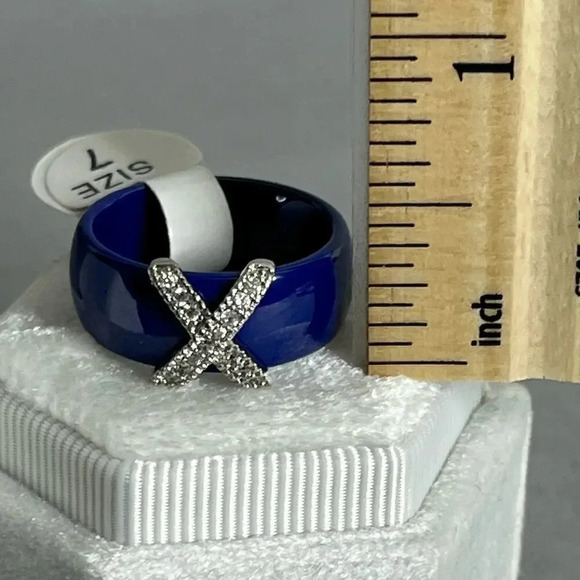 Blue Ceramic Cubic Zirconia Stainless Steel Ring Size 7 - Picture 5 of 10